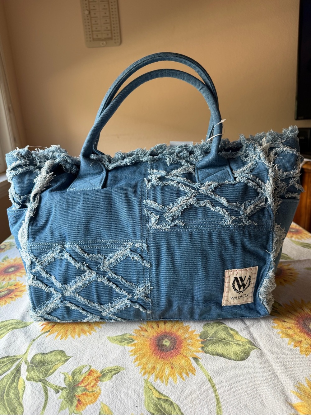 🦊💙🦊 WILDFOX Denim Blue Frayed Patchwork Tote Bag 🦊💙🦊 NWT 🦊💙🦊